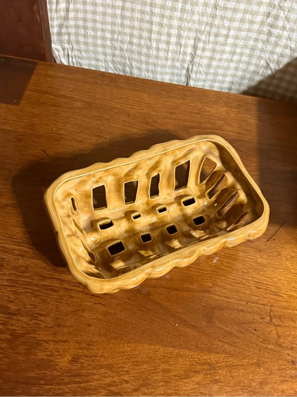 Vintage Ceramic Woven Basket Dish in Honey Brown